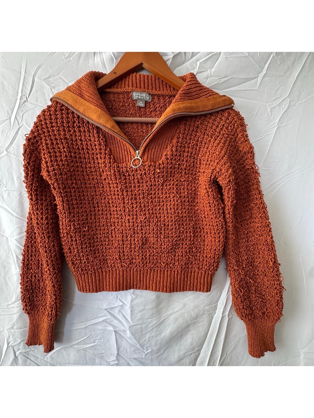 Cupcake Clothing Sweater XS Rust Boucle Half Zip Ring Pull